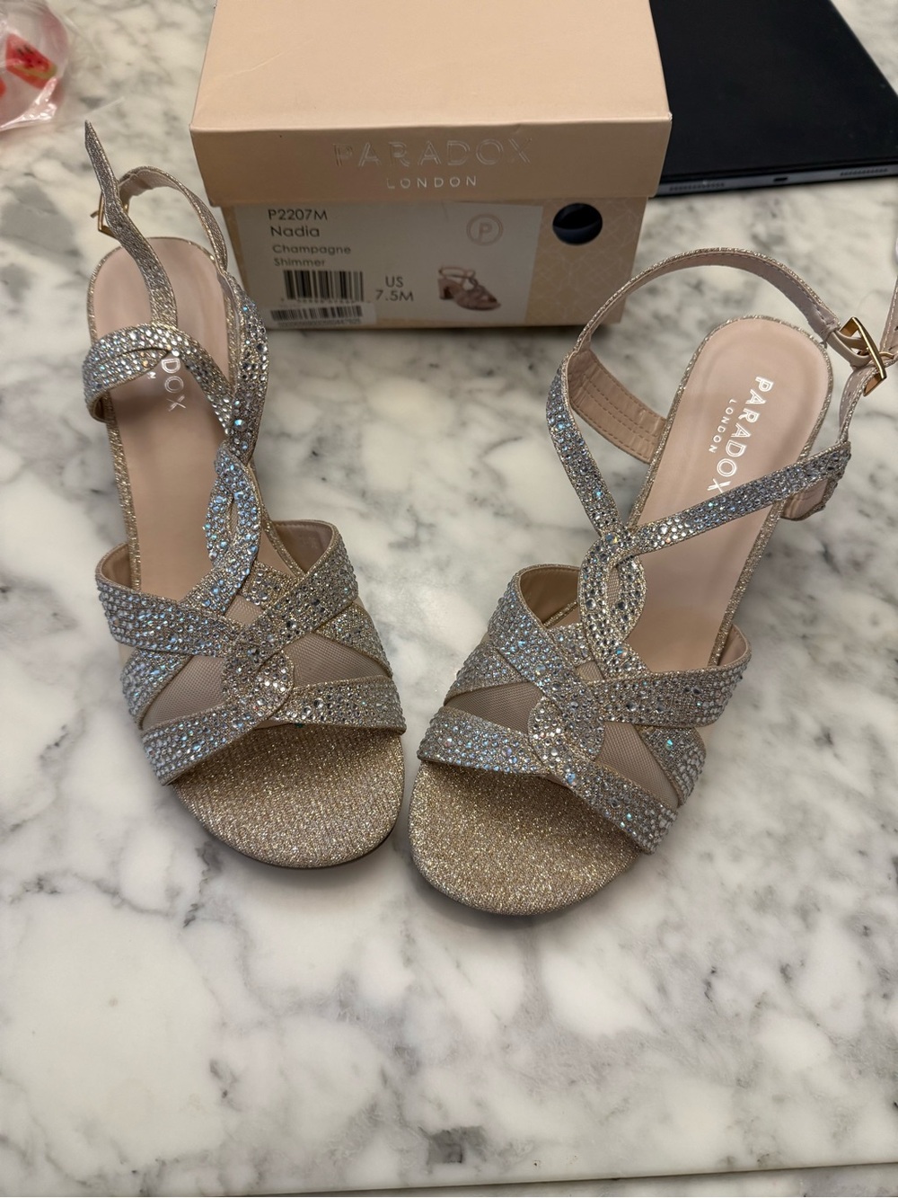 Paradox London Pink Champagne Crystal Heeled Sandals